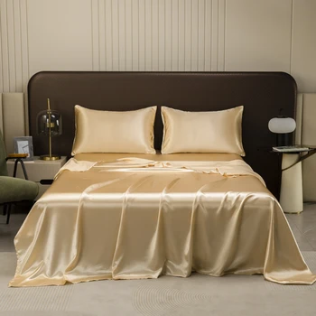 Washable Ice Silk Mattress Protector Dustproof Sheet Bedding Bed Linen Luxury Silky Champagne Flat Sheet (Without pillowcase) 1