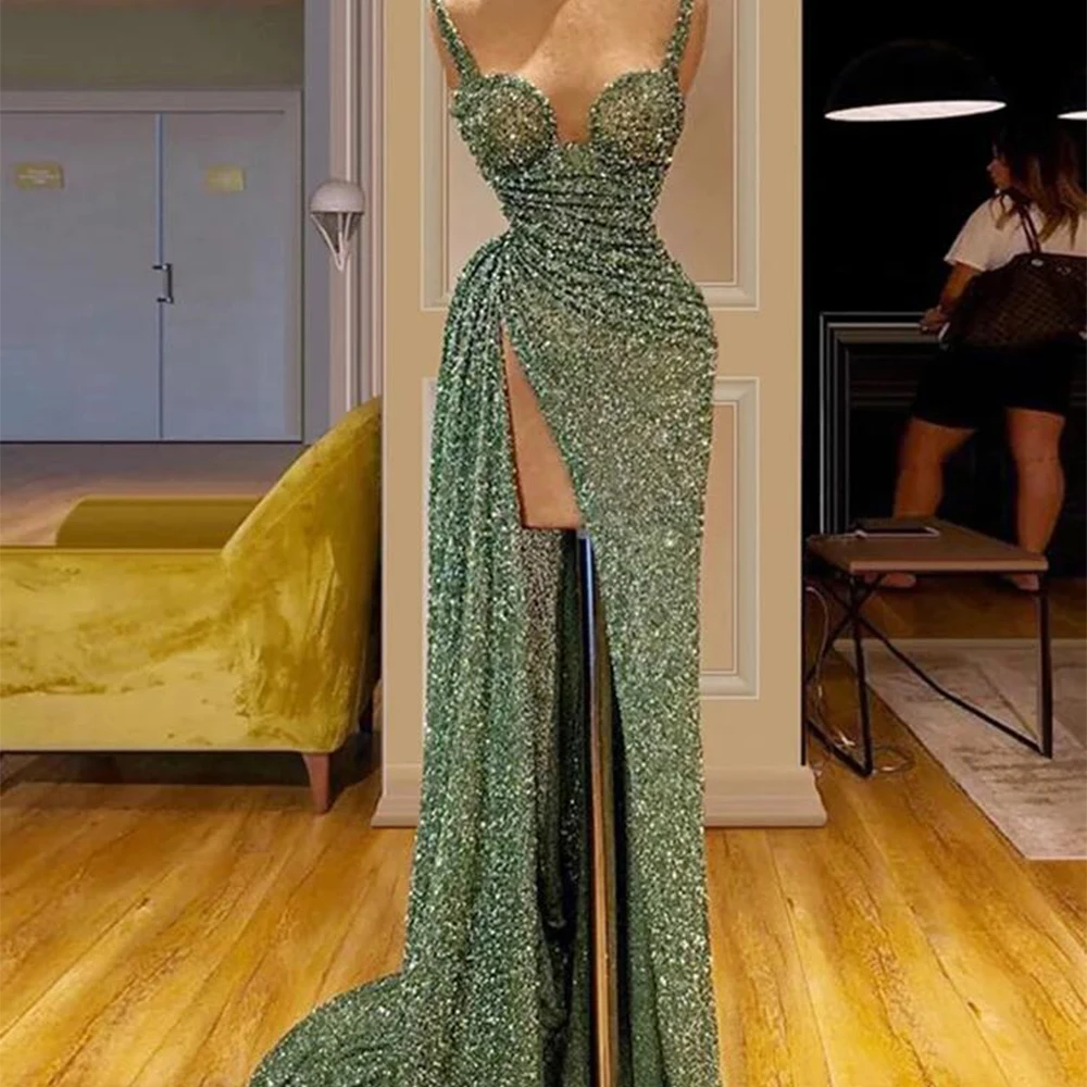 2024 seksowna ramiączko Spaghetti do sukienki koktajlowa z cekinami formalna sukienka na przyjęcie z okazji powrotu do domu błyszcząca strona wysokie rozcięcie Gala Vestido