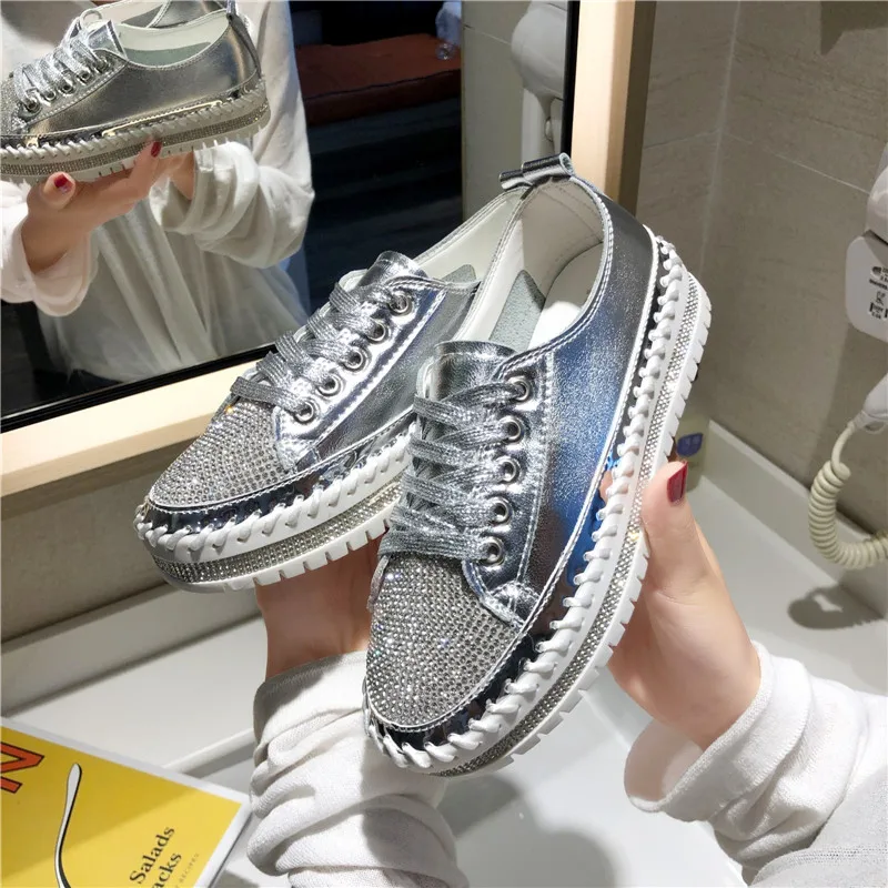 Lucyever Women Crystal Flat Shoes Autumn Fashion Bing Lace Up Ladies Casual Shoes Comfortable Round Toe Platform Sneakers