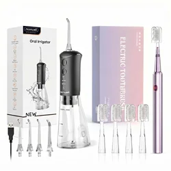 Rechargeable Portable Oral Irrigator Water Flosser - 300ML Capacity, 4 Nozzles, Waterproof Design (Pink Set)