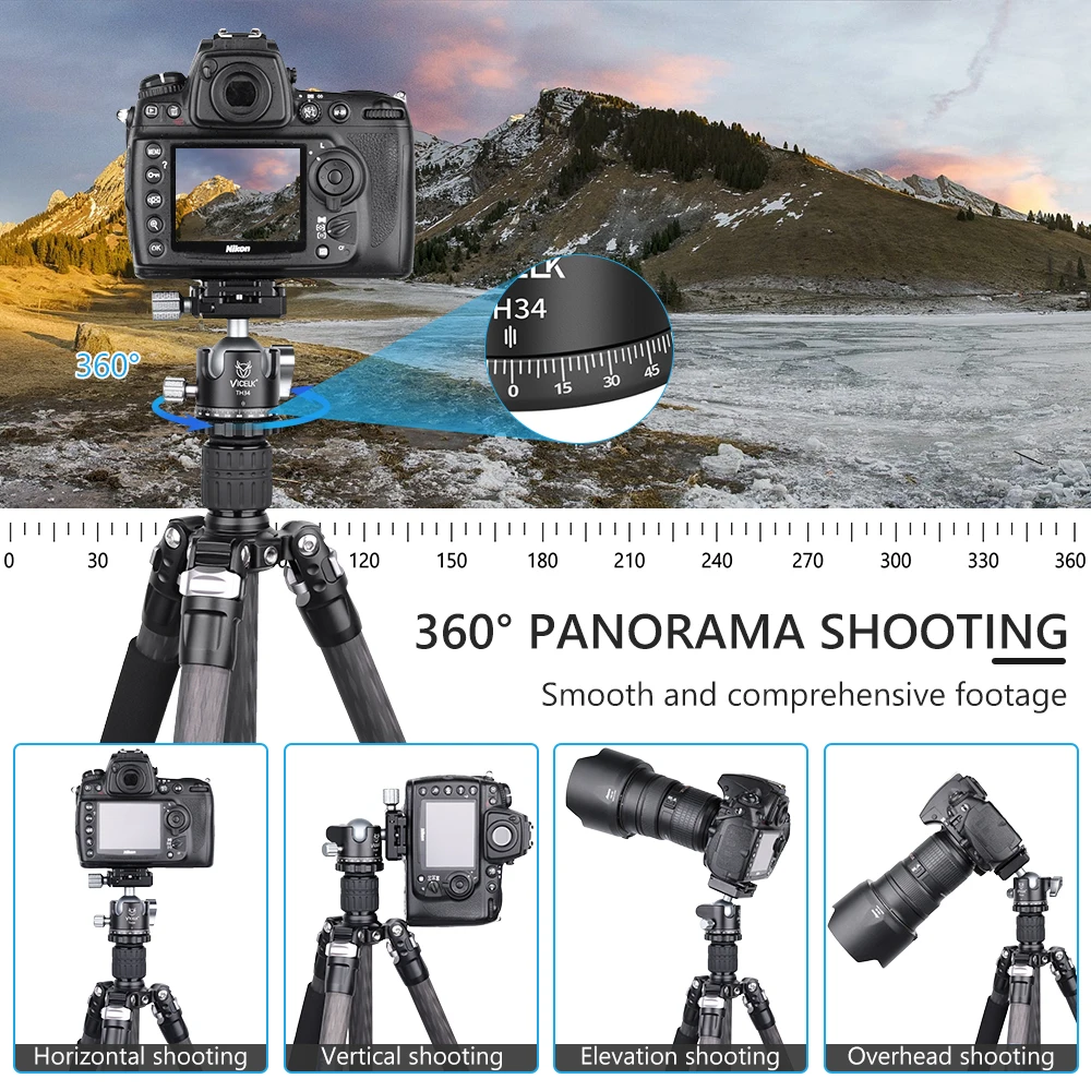 Tripod Ball Head VICELK TH28/TH34 Professional Tripod Ball Head Low Gravity Center 360 Panoramic CNC 28/34mm Ball for Tripod Monopod Load 15kg