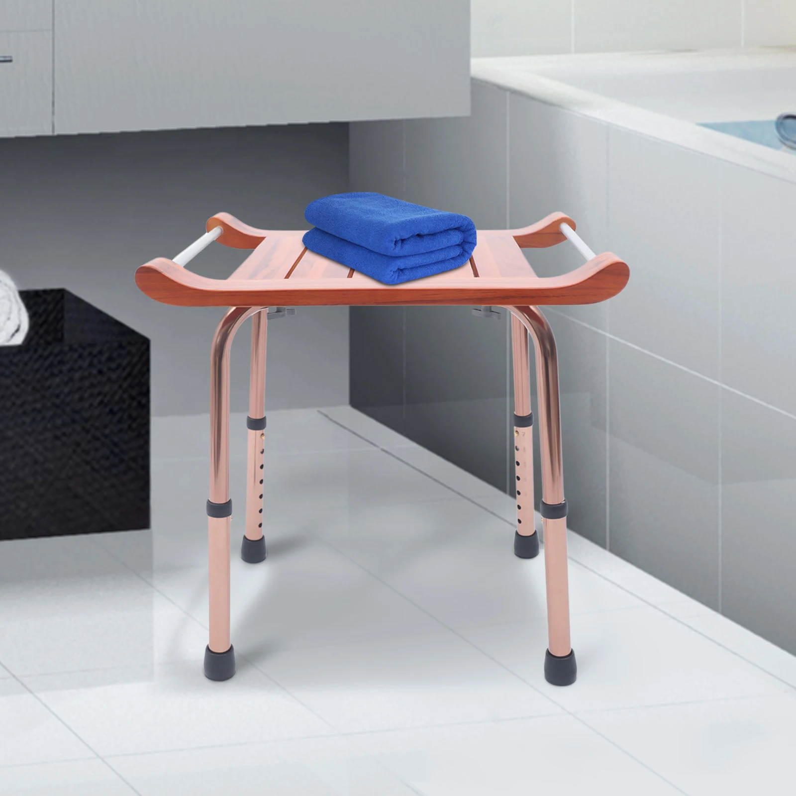 Shower Stool, Adjustable Height 15.16-21in, 300lbs Capacity, Waterproof Teak Wood, Non-Slip Aluminum Legs, Easy to Install, 3