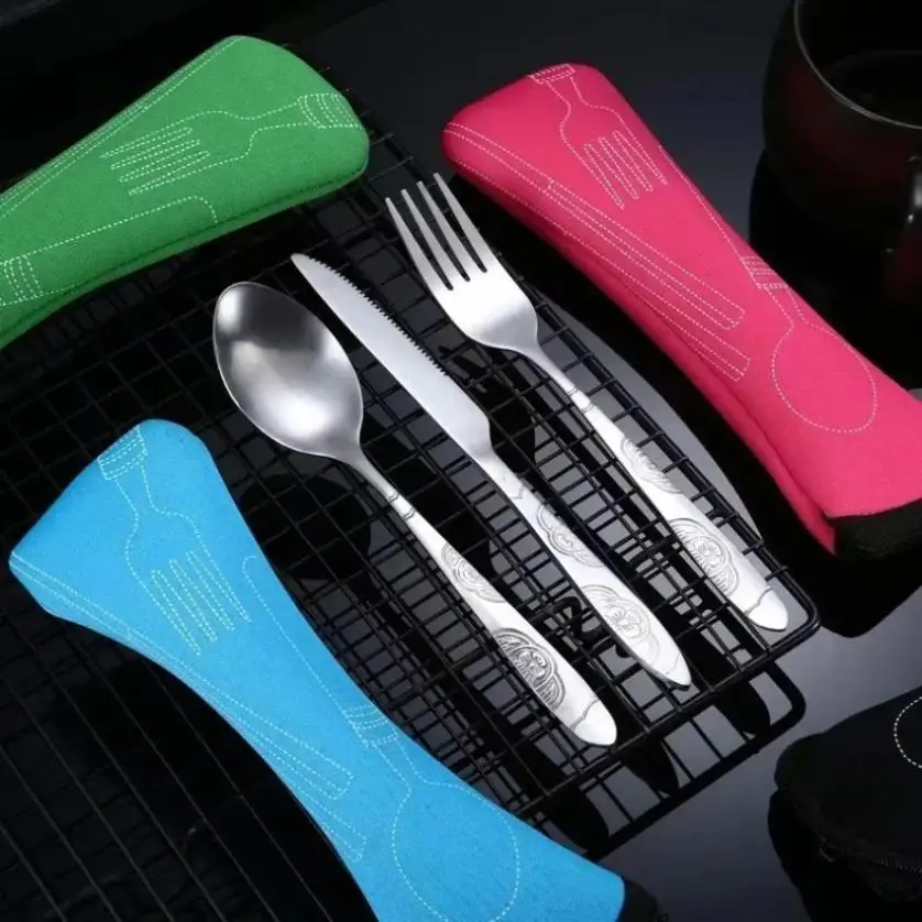3 Pcs Portable Travel Cutlery Stainless Steel Western Style Steak Knife Fork Spoon Complete Set of Tableware Home Use Outdoor