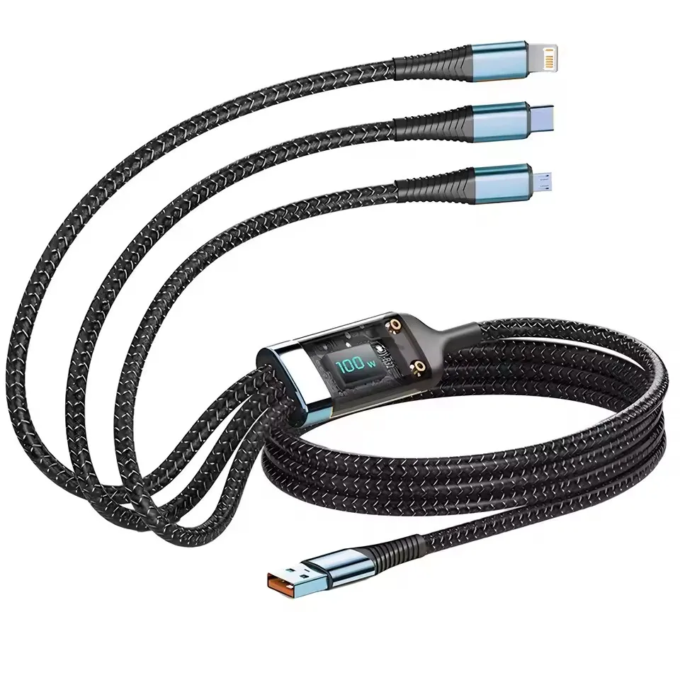 Cavo di ricarica rapido da 100 W Cavo multi caricabatterie 3 in 1 Adattatore cavo di ricarica universale USB multiplo intrecciato in nylon con micro di tipo C