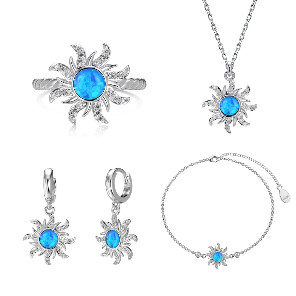 

Real S925 Silver Opal Jewelry Set Women Sunflower Pendant Necklace Bracelet Ring Earrings Female Shiny 5A Zircon Luxury Jewelry