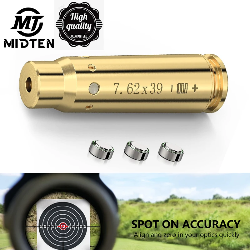 MidTen Red Dot Laser Boresighter 7.62x39mm Tactical Collimator Brass Cartridge With 3 Batteries For Rifle Airsoft Scope Hunting