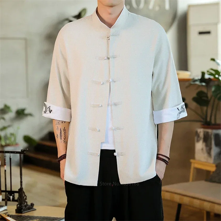 Summer Crane Embroidery Top Traditional Chinese Clothing chinese dress martial arts clothing For Men Vintage Half Sleeve Linen Shirts Madarin Collar Hanfu Kungfu