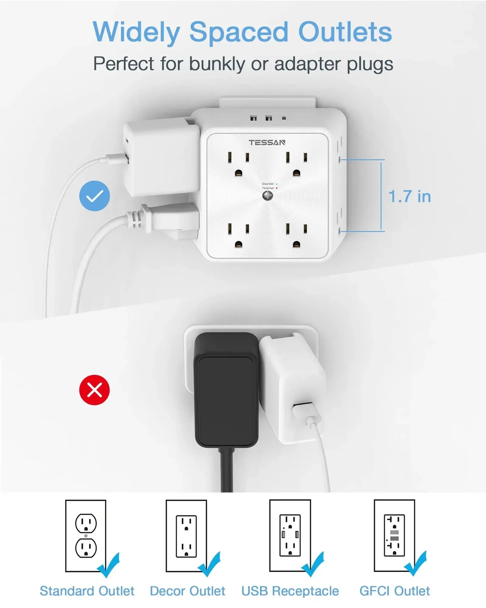 TESSAN Multi Outlet Splitter 8 AC Outlets 3 USB Ports 11 in 1 Surge Protector Multi Outlet Extender Home Office Dorm