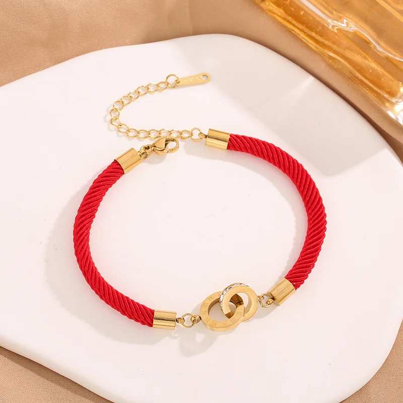Stainless Steel Bracelets Roman Number Interlock Circle Braided Lucky Red Rope Fashion Charm Bracelet For Women Jewelry Gifts