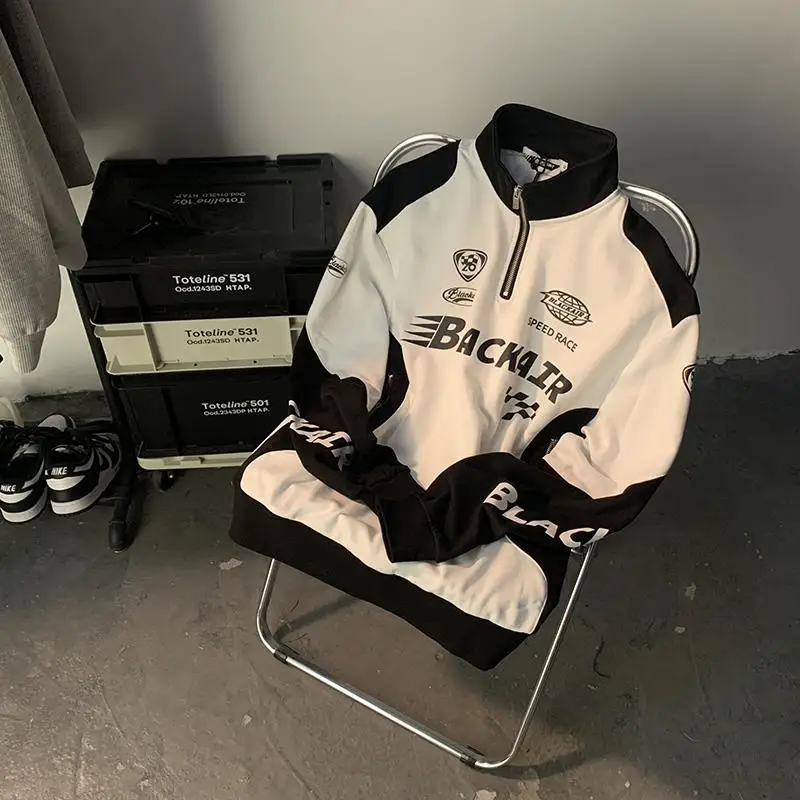 

American retro street alphabet print stitching stand collar sweater men and women spring and autumn tide brand sports top