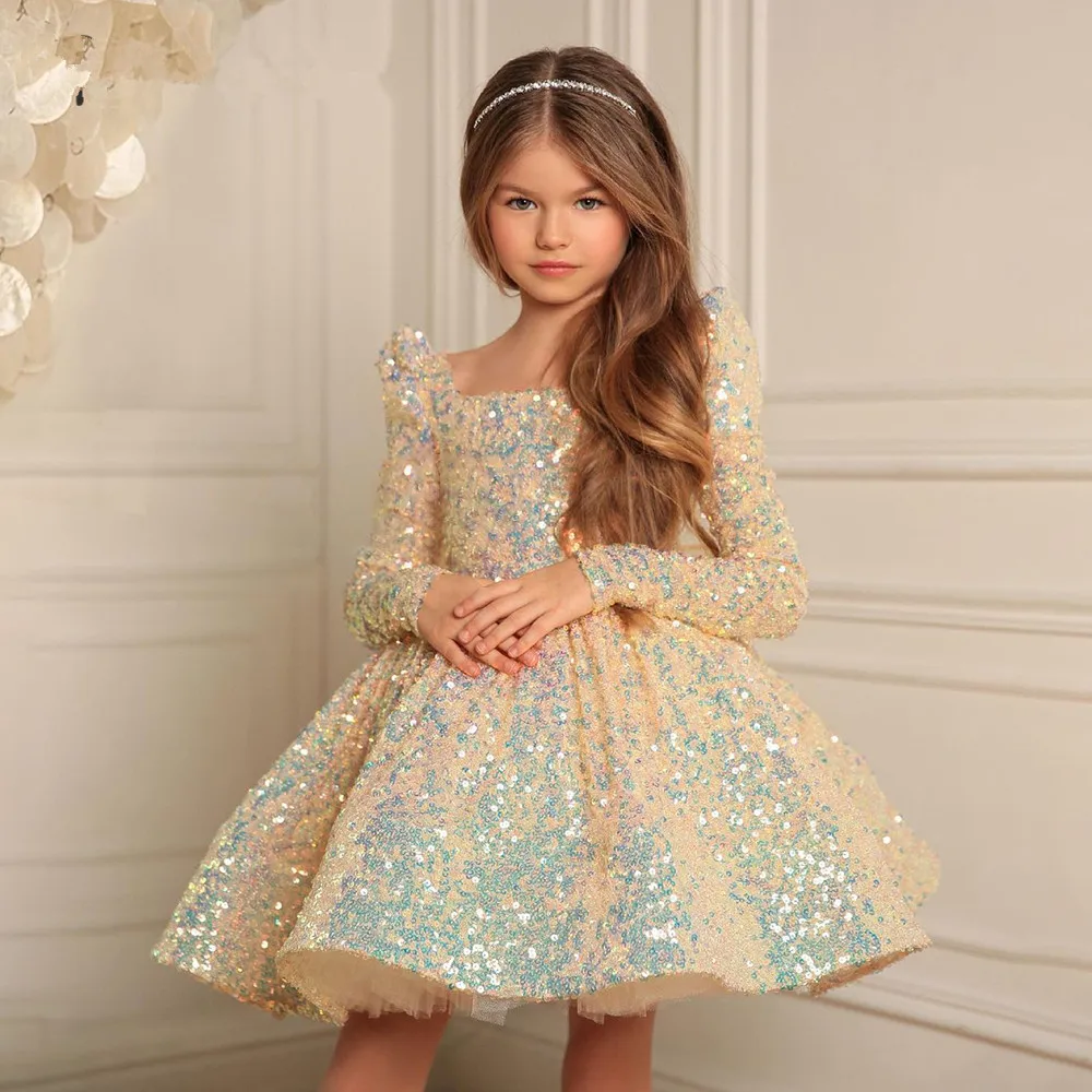 

Flower Girl Dresses Sequin Baby Girl Dress Square Puffy Dresses For Girls Kids Birthday Party Gown