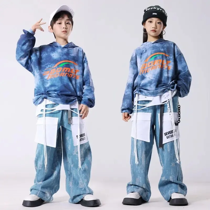 

Hip Hop Dance Costumes For Kids Blue Tie Dyed Tops Loose Pants Suit Girls Jazz Performance Stage Rave Clothes
