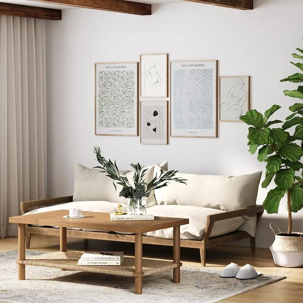 Rectangle Coffee Table with Storage 2-Tier Structure Solid Wood Legs Natural Seagrass Shelf Living Room Organization 5