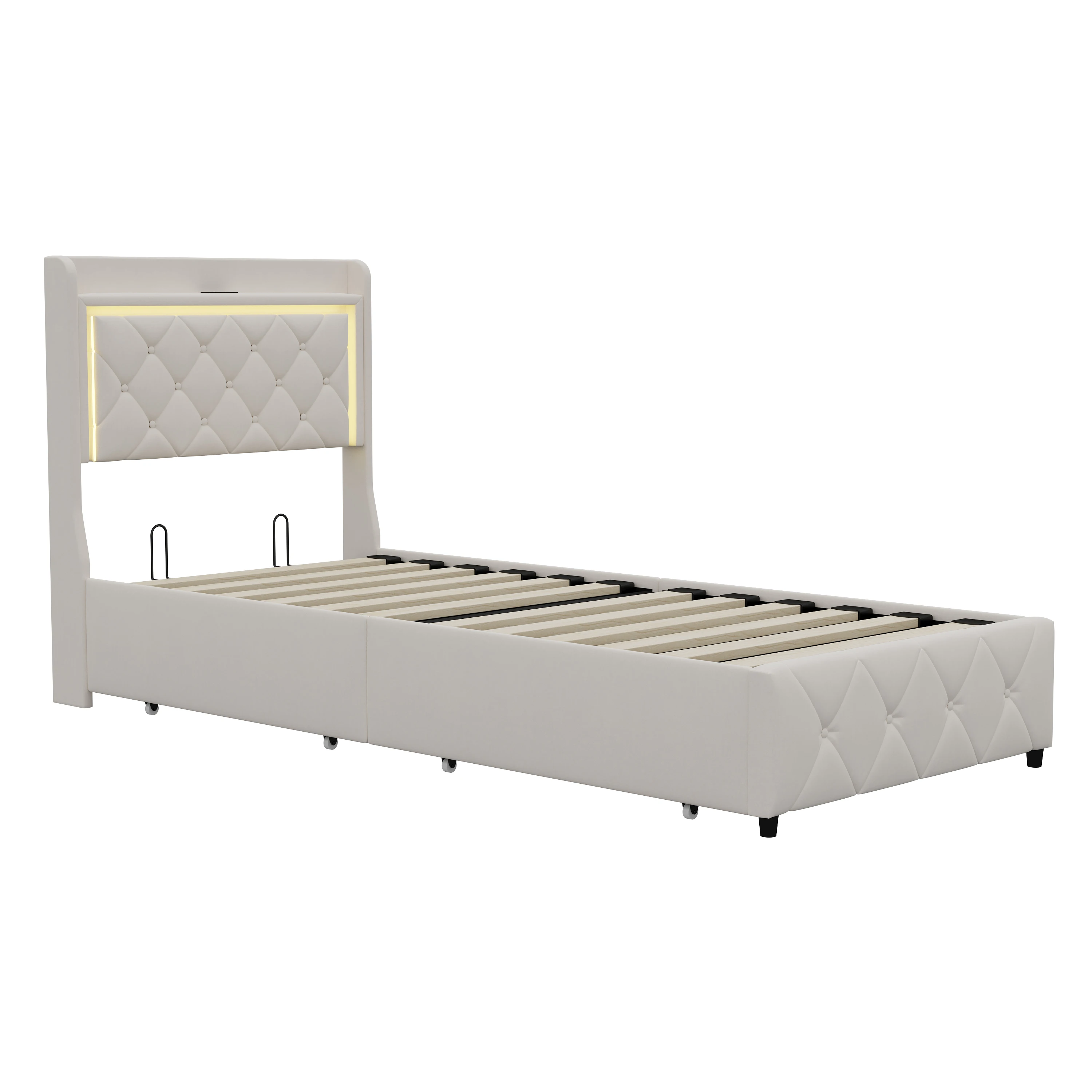 Superaly 90x200cm gepolstertes Einzelbett, Kinderbett, Jugendbett mit USB-Ladefunktion und LED-Beleuchtung, Samtstoff, Beige – Detail 13
