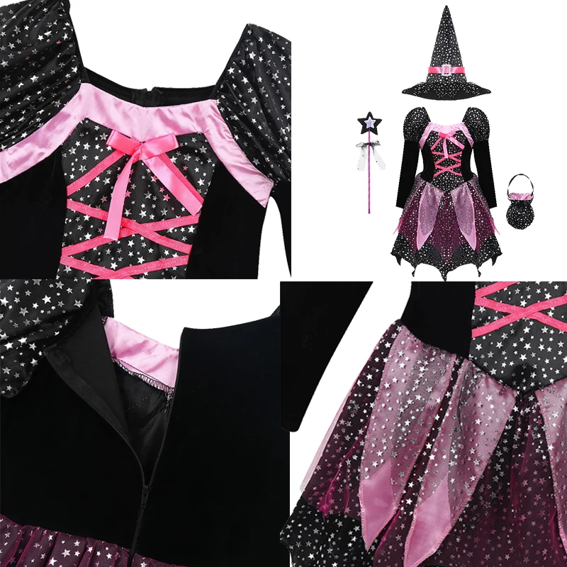 Halloween Party Costumes Witch Dress for Girls Kids Cosplay Carnival Clothes with Hat Bag Carnival Party Outfits