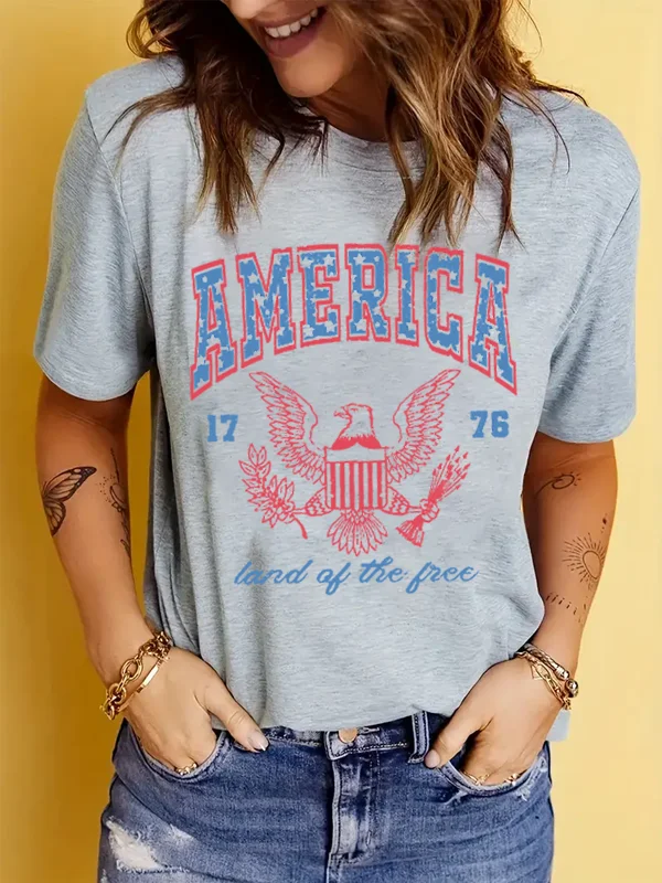 

Vintage Fashion American Eagle Badge Print Women T-shirt Hot Sale Trend Independence Day Holiday Casual Comfort Female Shirt