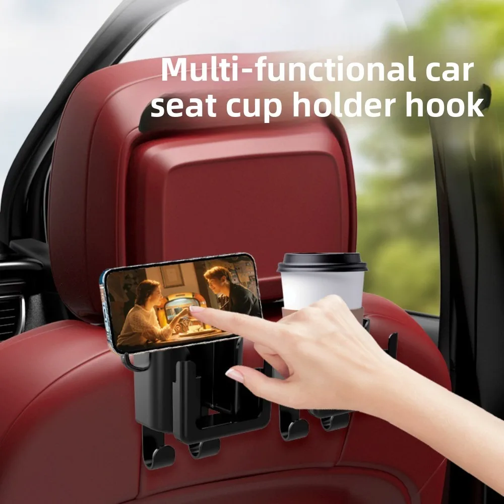 6 in 1 차량용 컵홀더, 4개의 후크가 있는 헤드레스트 걸이식 음료 홀더, 범용 자동차 뒷좌석 병 홀더(휴대폰 거치대 포함)
