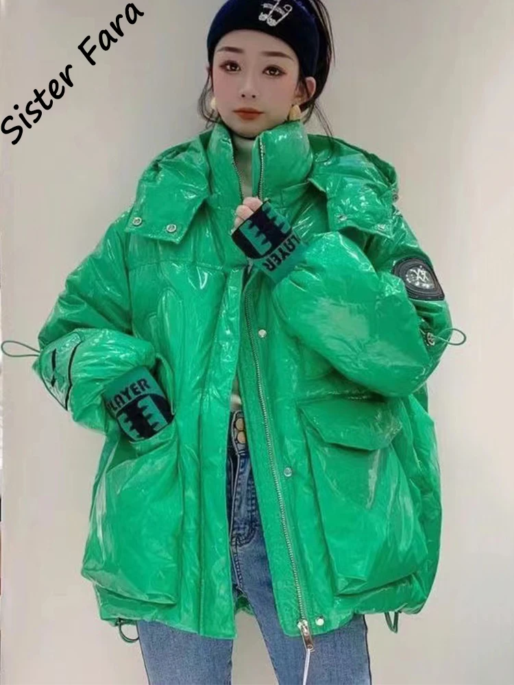 

Sister Fara Embroidery Glossy Hooded Down Jacket Women Loose Casual Warm Thicken White Duck Down Parka Coat Down Jacket Coat