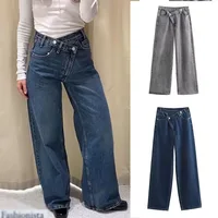 2025 Fashion Women Slanted Placket Blue Jeans Female Wide Leg Pants Long Pants High Street Ripped Jeans Versatile Retro