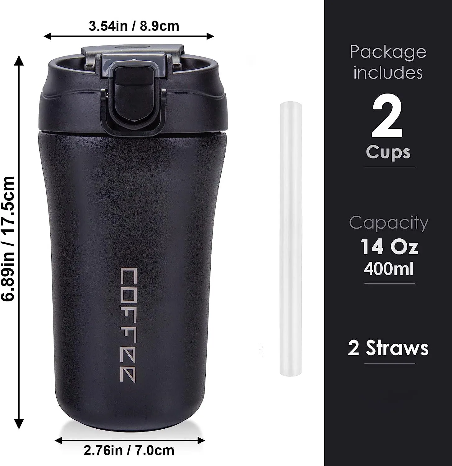 Travel Coffee Mug, 2 Pack Vacuum Insulated Coffee Mug with Leakproof Lids  and Straws, 14 oz/400 ml Double Wall Travel Tumbler Cups for Hot & Cold,  Car