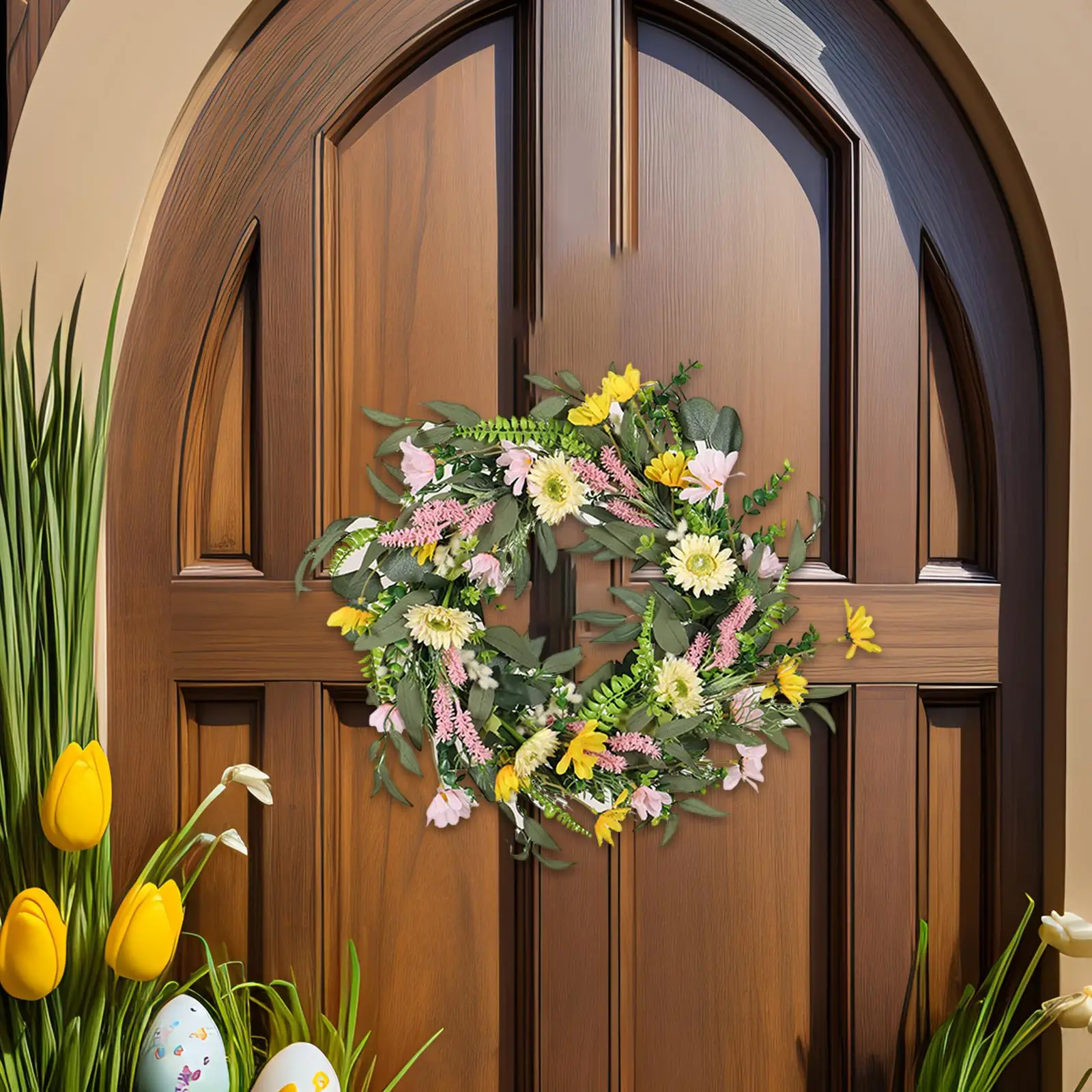 Artificial Daisy Flower Greenery Eucalyptus Leaves Summer Floral Wreath Spring Wreath Front Door for Living Room Housewarming