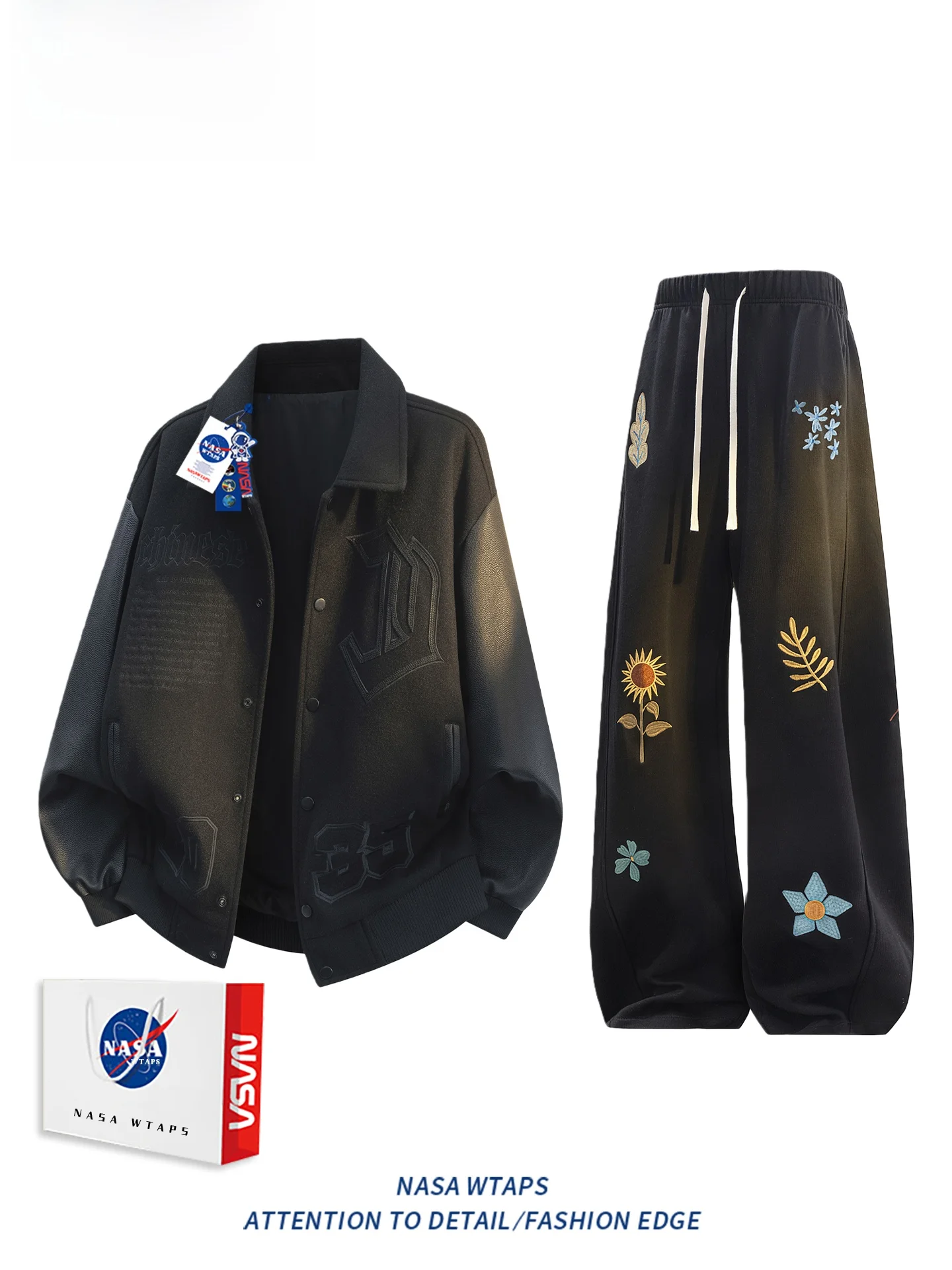 WTAPS 아메리칸 레트로 스타일 야구복 세트 남성용 봄 신상 자수 와이드 레그 팬츠 투피스 세트 캐주얼 스포츠웨어