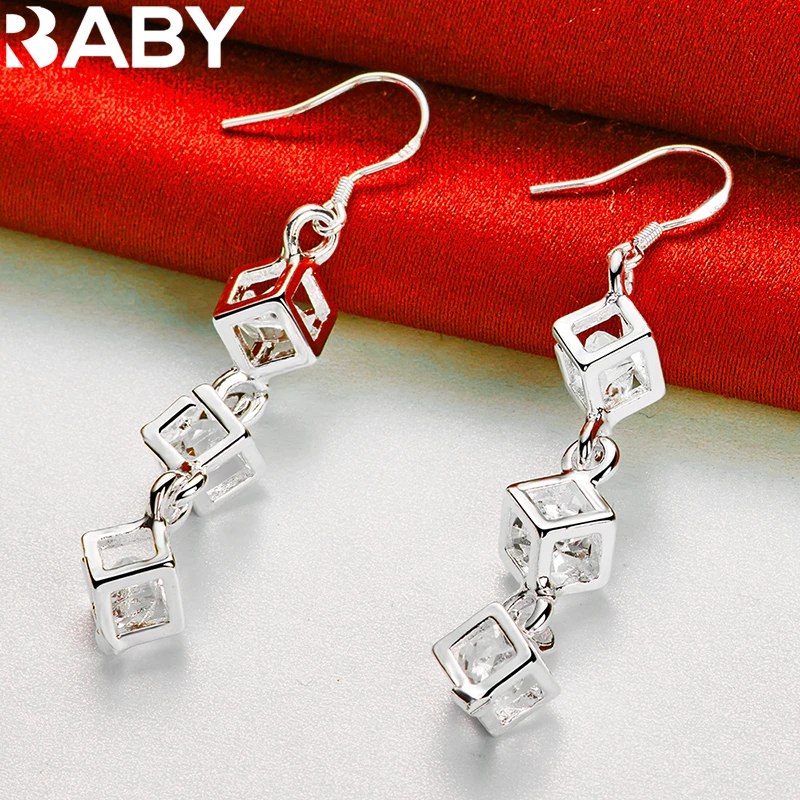 URBABY 925 Sterling Silver Three Square Zircon Drop Earrings For Woman Wedding Engagement Party Charms Fashion Jewelry Wholesale