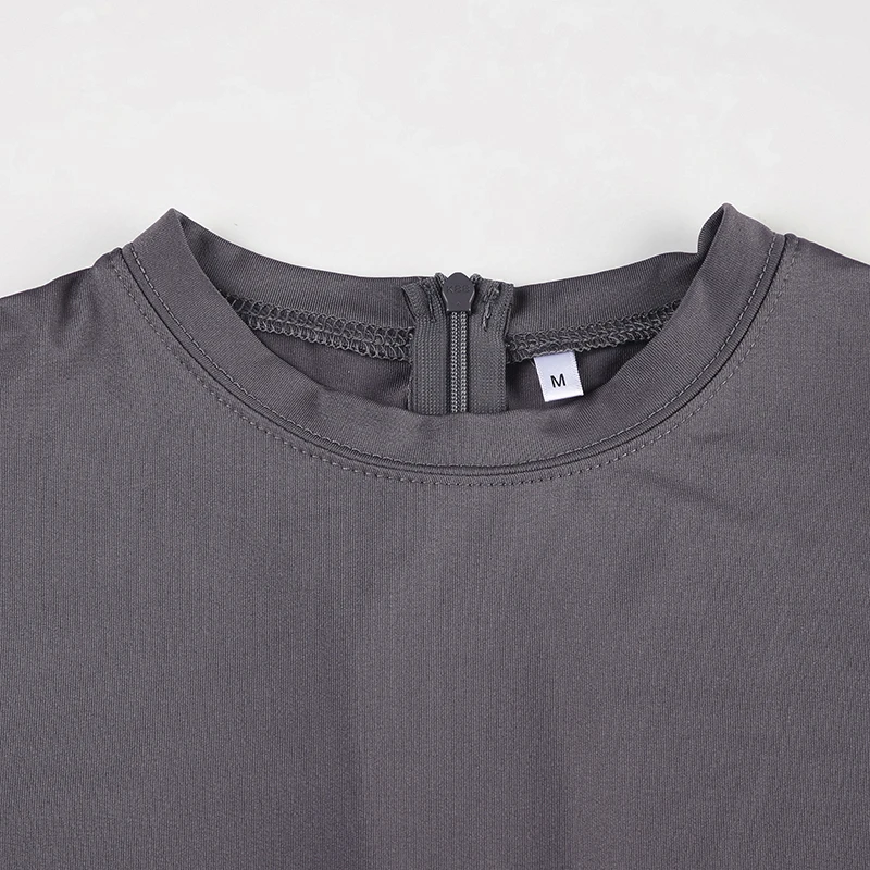 Monos ajustados sexis grises con cuello redondo y cremallera en la espalda, de manga corta, para mujer, color negro, liso, básicos, informales, deportivos, de verano