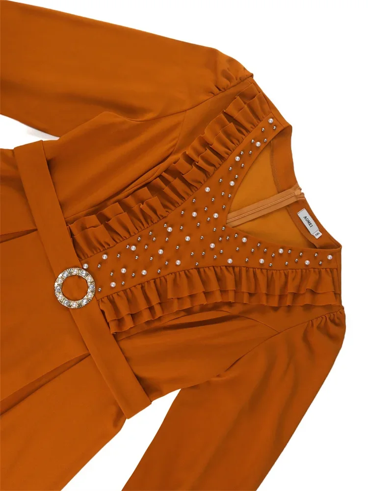 Wmstar Women Dress Brown V-neck Lantern Sleeves with Black Fungus Edge Evening Party Studded Pearl Dress Wholesale Dropshipping