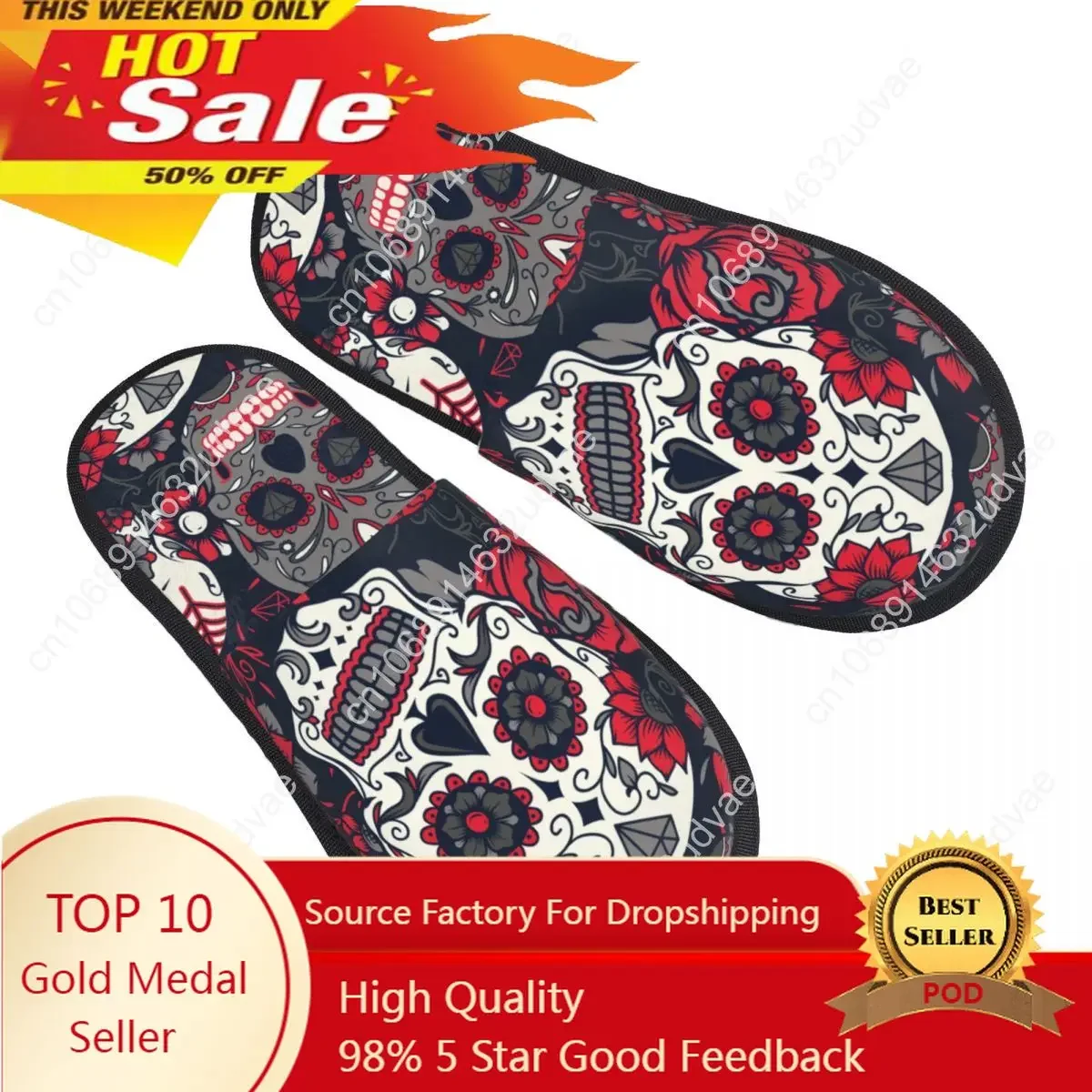 

Men Women Plush Indoor Slippers Colorful Sugar Skull With Ornament And Flower Warm Soft Shoes Home Footwear Autumn Winter 2023