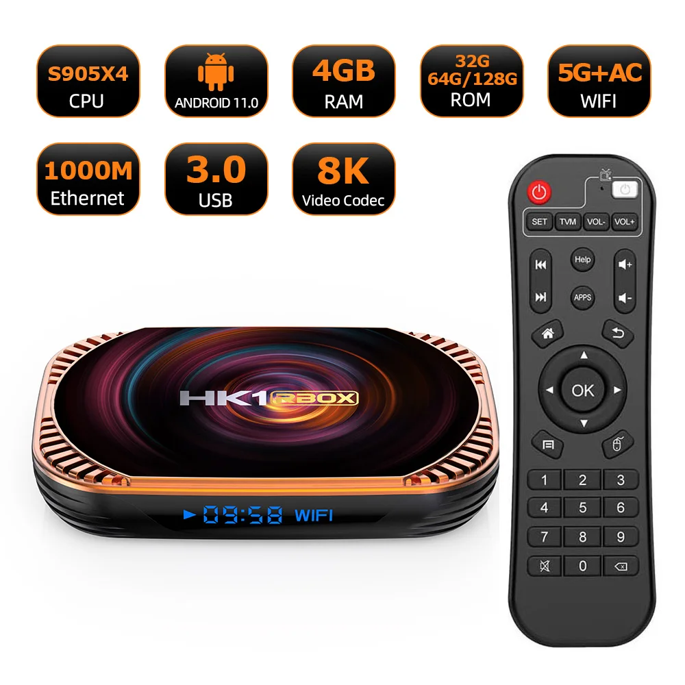 

HK1 RBOX X4 Android 11.0 Amlogic S905X4 Smart TV BOX 8K 4G 32/ 64/128GB 3D Wifi 2.4G&5G Support Google Player Set Top Box HK1