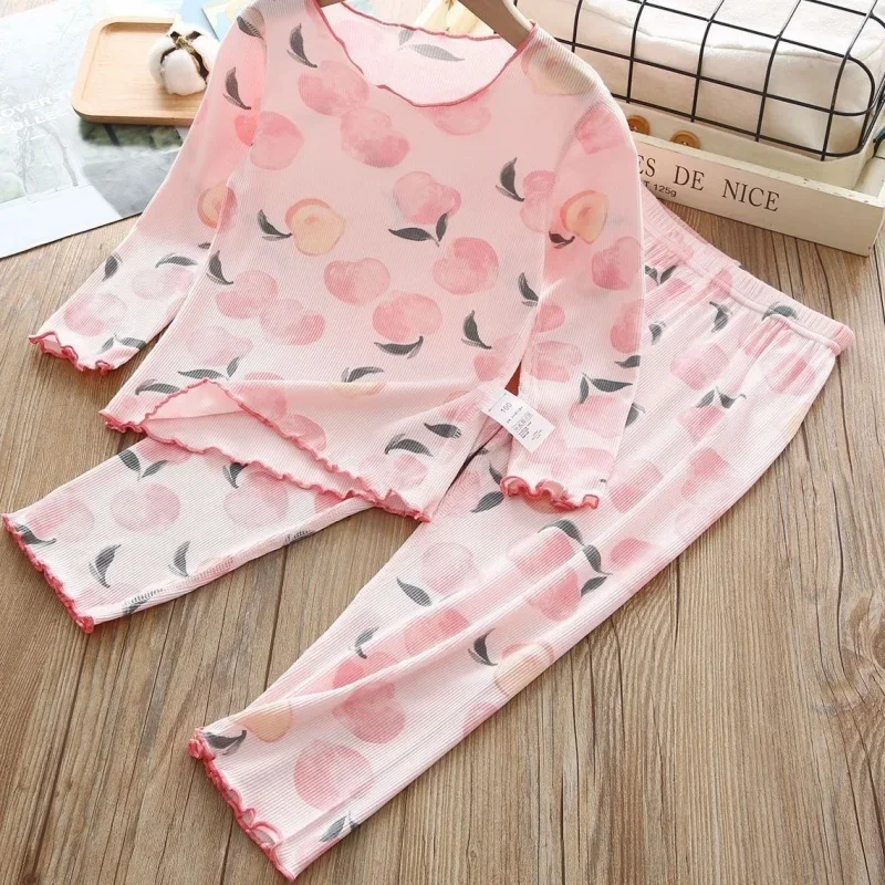 

Girls' Pajamas Long Sleeve Modal Thin Air Conditioning Baby Ice Silk Home Wear Suit Children's Trousers Two-Piece Suit Fashion