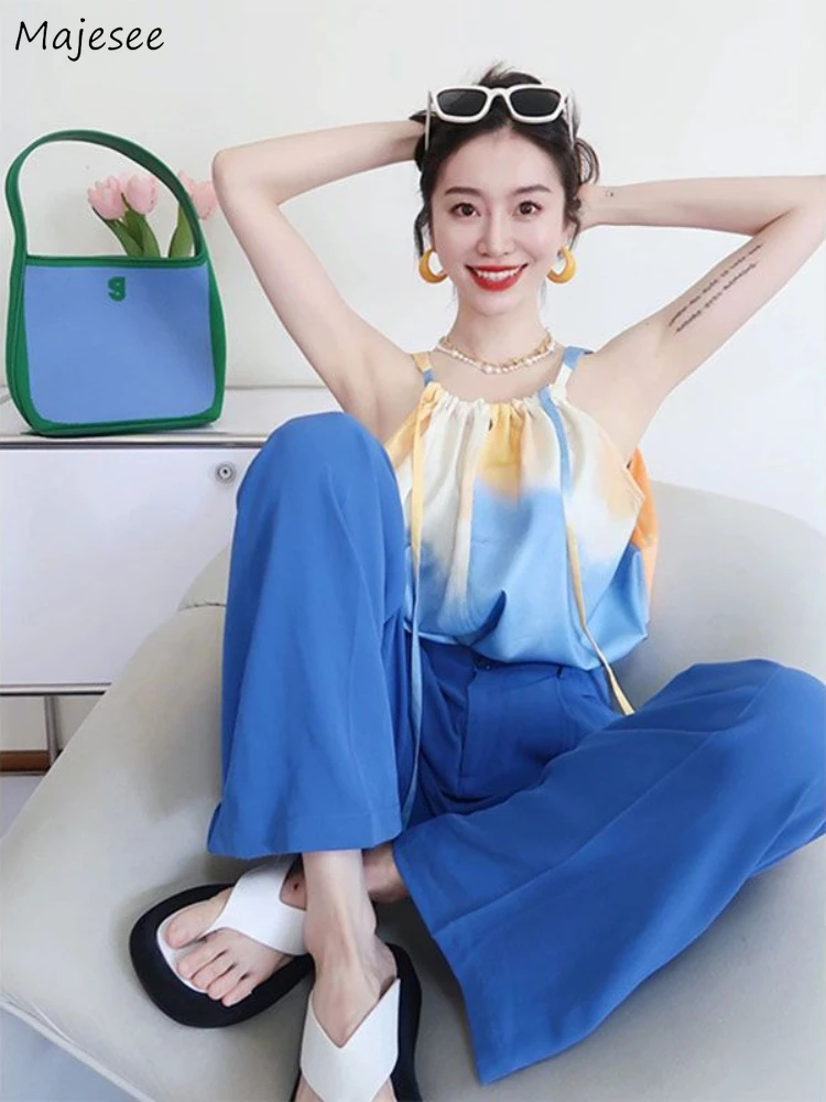 

2 Pcs Sets Women Wide Leg Pure Loose Pants Summer Office Lady Gradient Sleeveless Leisure Lace-up Bright Chic Designed 2023 OOTD