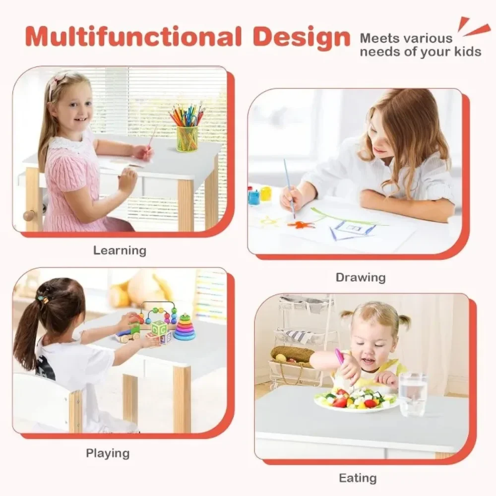 Kids Table and Chair Set, Toddler Study Desk w/Paper Roll, Drawer, 2 Marker Pens, Wooden Activity Table Set for Playroom 5