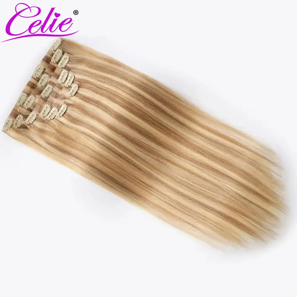 Celie Blonde Highlight P16/613 Clip In Hair Extensions Straight Real Human Hair Seamless Blend 7pcs/pack