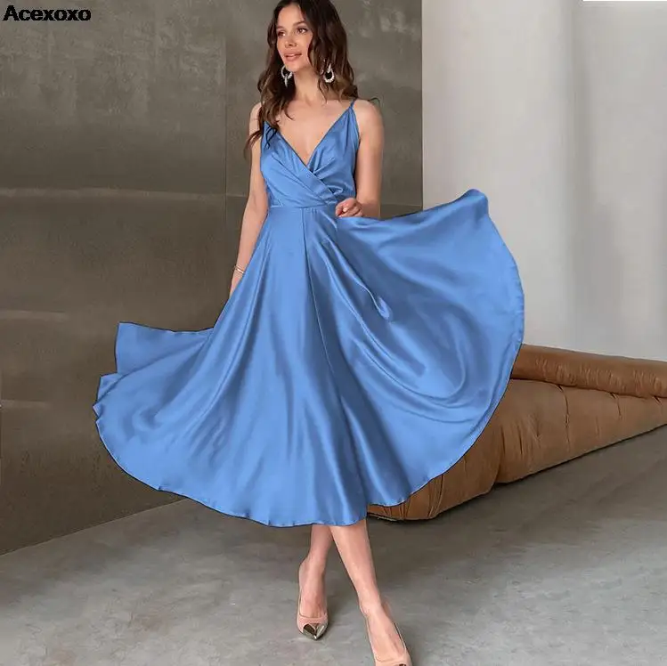 

Summer new women's fashion casual halter V-neck pleats solid color temperament lady dress