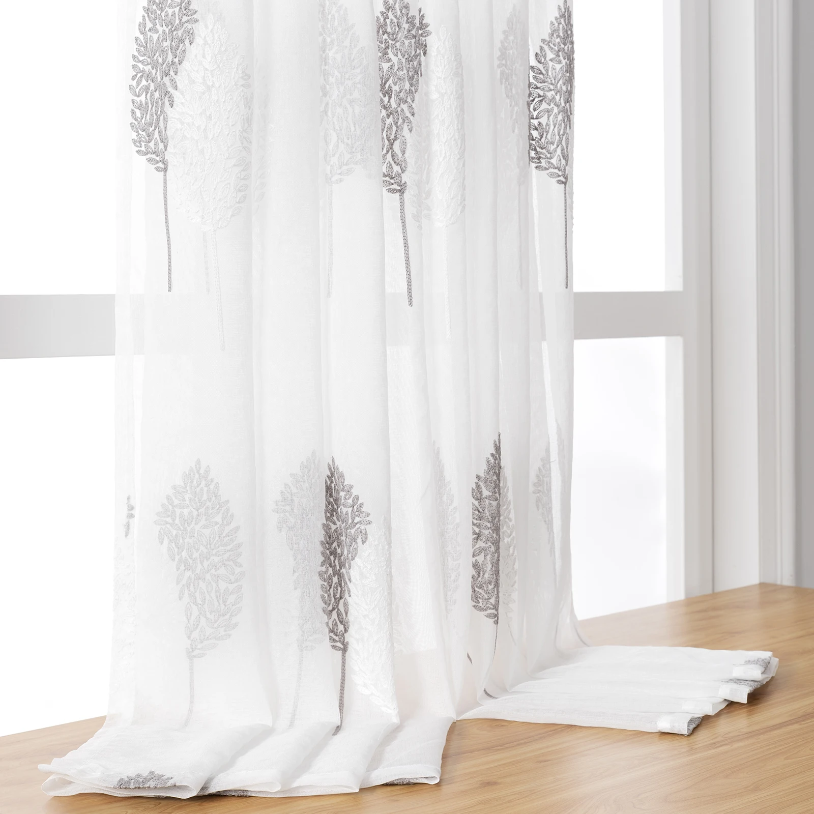 Long Sheer Curtain - Embroidered Voile Curtain Panels with Rod Pocket for Bedroom & Living Room