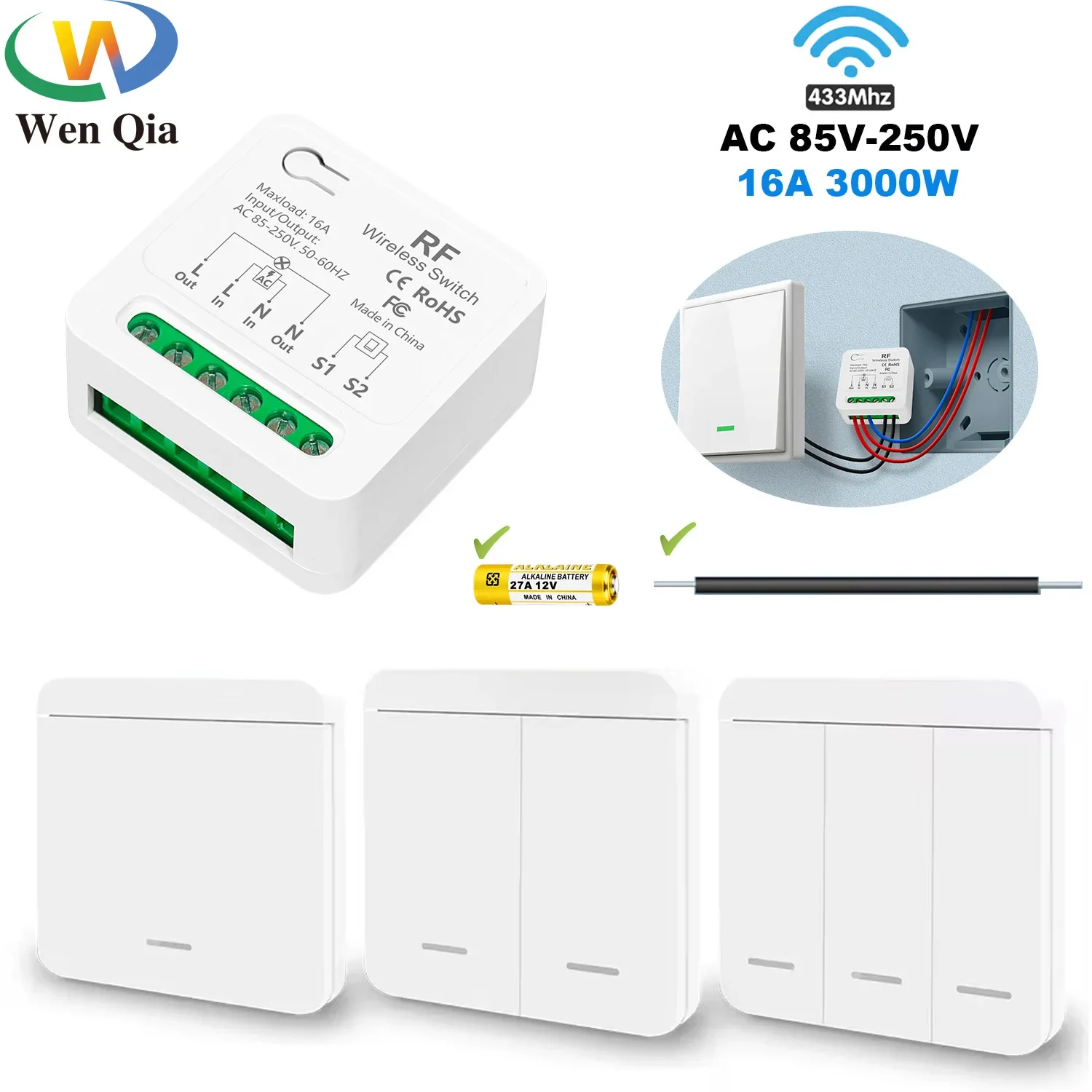 433Mhz ไร้สายสมาร์ทสวิทช์ไฟ 86 แผงรีโมทคอนโทรล AC 110V 220V 230V 240V 16A 3000W Mini รีเลย์สําหรับโคมไฟ 1