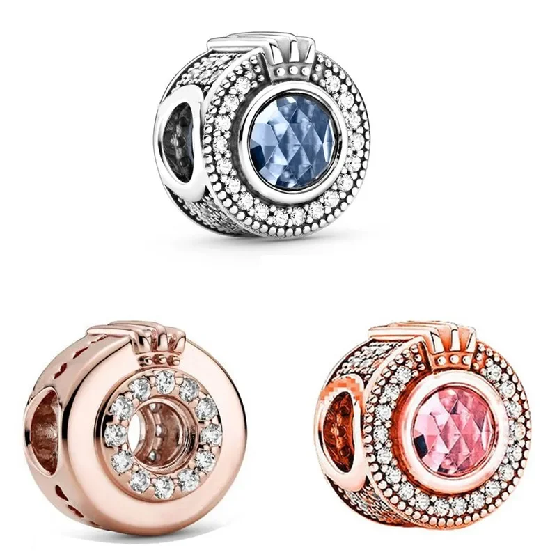 

Authentic 925 Sterling Silver Rose Gold Sparkling Blue & Pink Crown O With Crystal Charm Fit Bracelet & Necklace Jewelry