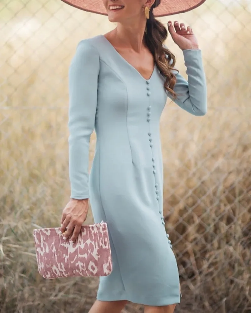 

Платье для матери невесты Короткое атласное с V-образным вырезом и длинным рукавом, на пуговицах