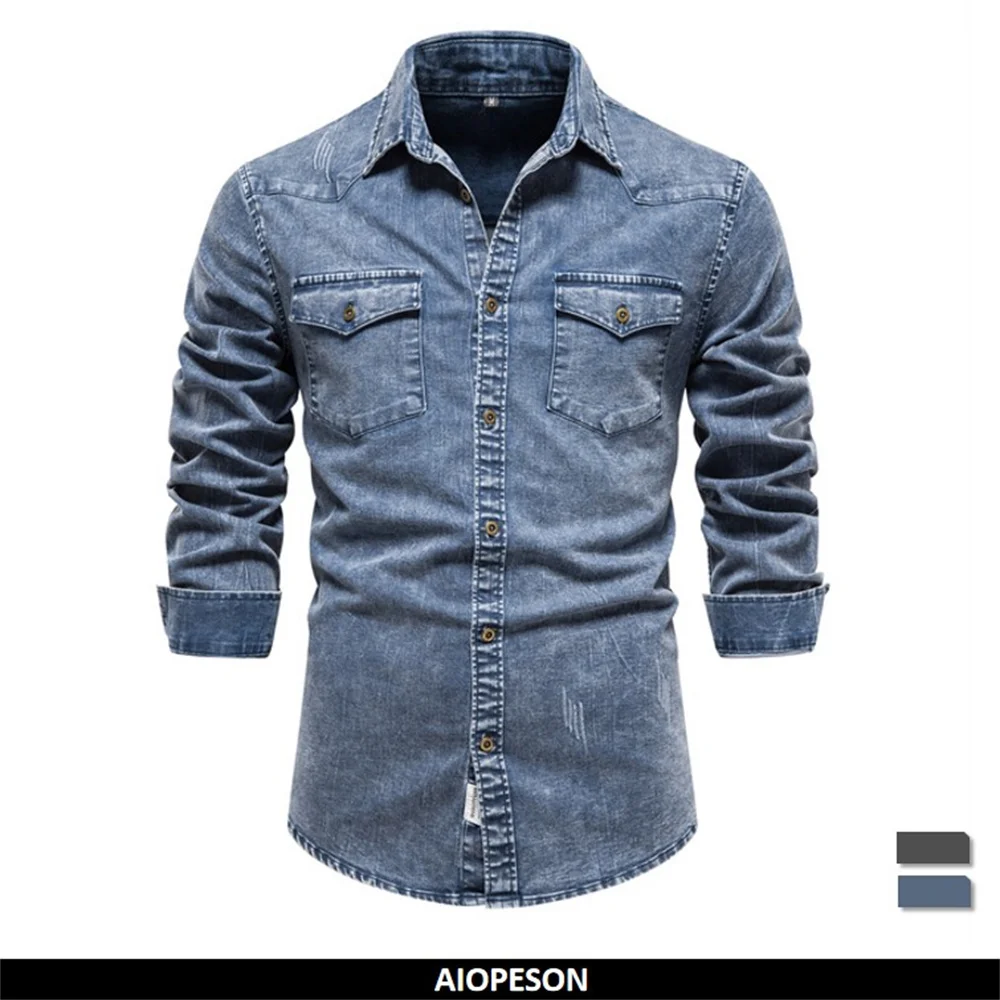 Aiopeson Cotton Men's Denim Shirts Double Pocket Solid Color Casual