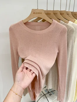 Spring  Basic O-Neck Slim T-Shirt Women Solid Multi Color All-Match Trend Casual Top Screw Knit Long Sleeve Elastic Office Lady 1