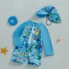 0-5Years Kids Boy Rash Guard Swimsuits Shark Print Long Sleeve Half Zip-up Bathing Suit with Sun Hat 2 Pcs Swimwear for Toddler 5
