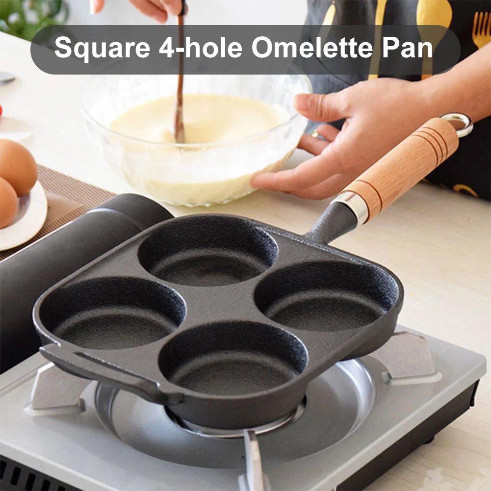 4 Hole Omelet Pan Egg Frying Pan Nonstick Omelette Skillet Granite Coating Wooden Handle for Gas Stove and Induction Cooker 4
