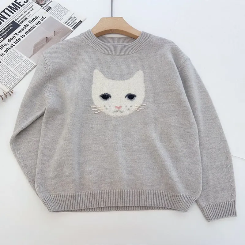 

baby girl clothes Cartoon Sweaters Cute Cat Pattern Knitted Pullover 50% Wool Sweaters