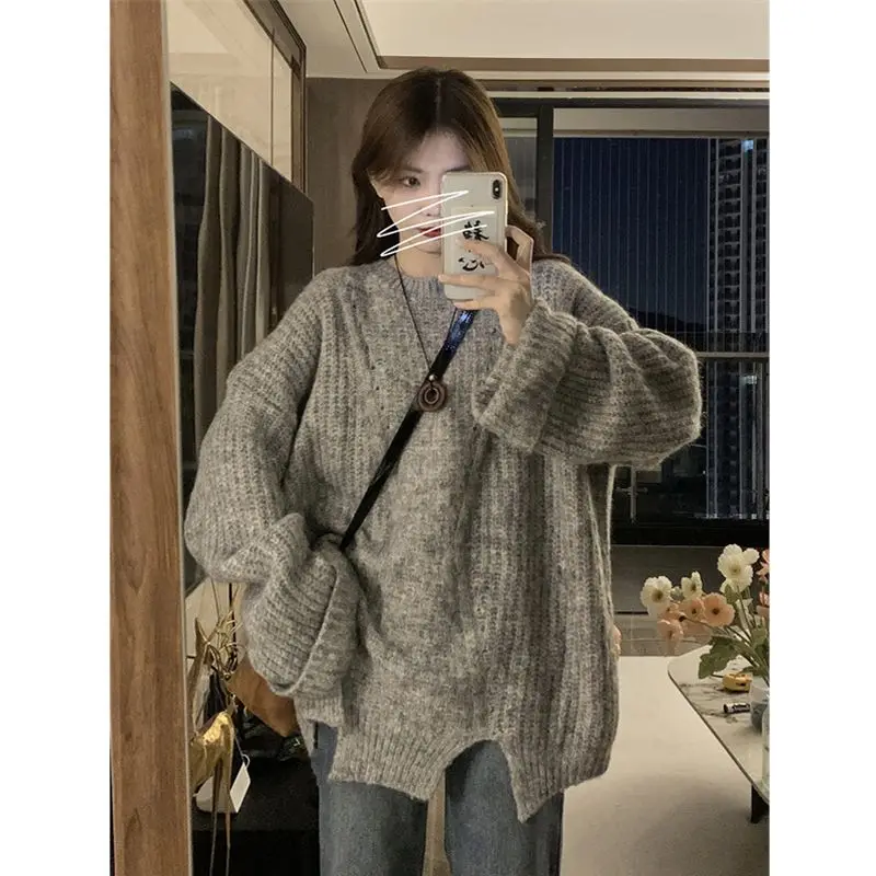 

Powerful Lazy New Floral Ragged Pullover Sweater Female Grey Loose Pullover Slouchy Design O Neck Long Sleeve Knitted Sweater