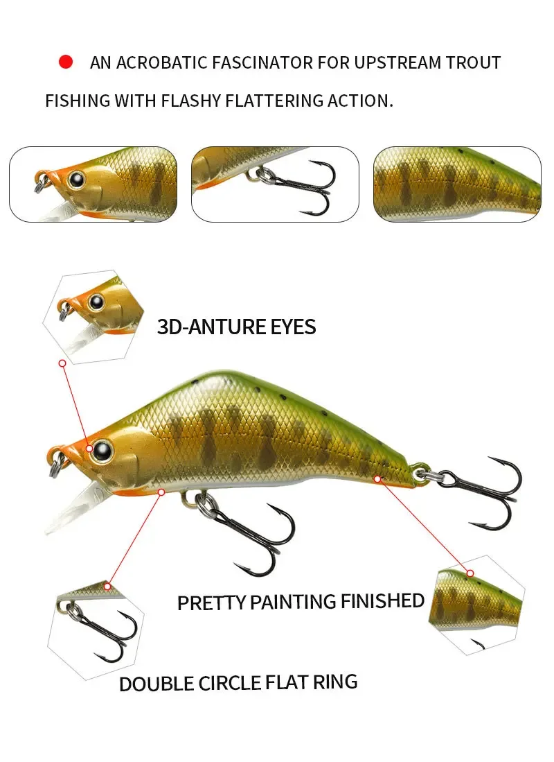 Description Picture 4 of item3.8g 48mm Micro Sinking Minnow Fishing Lures Pesca Mini Artificial Hard Bait Japanese Jerkbait Wobblers Swimbait for Trout Perch