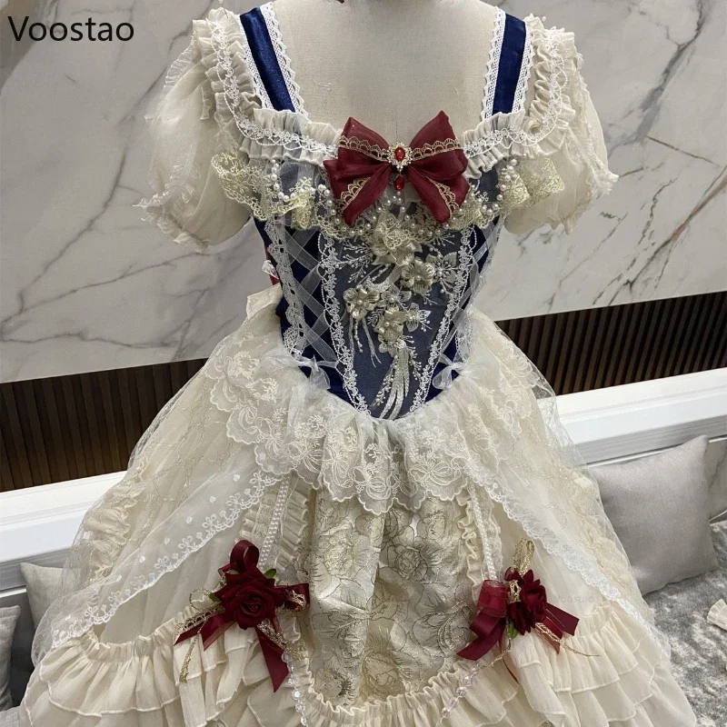 Lolita Dress Japanese Sweet Lolita Princess Dress Women Elegant Vintage Bow Off Shoulder Lace Mesh Pearl Evening Party Dresses Lolita Clothes