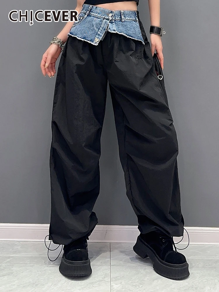 

CHICEVER Casual Irregular Pants For Women High Waist Colorblock Patchwork Denim Vintage Loose Pant Female Summer Clothing New