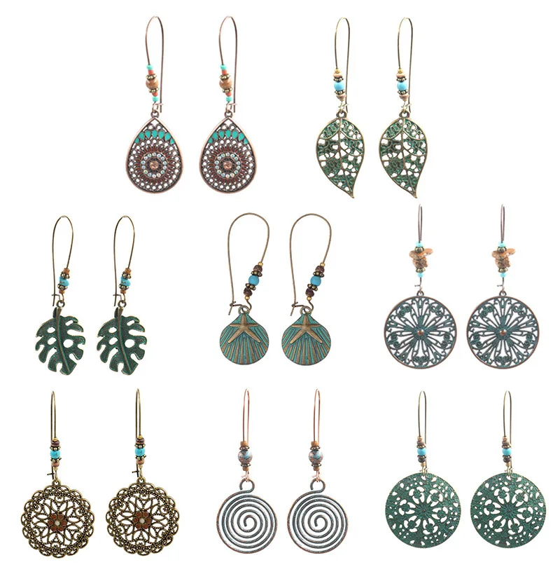 Wholesale Earrings Ancient Bronze Metal Classic Carved  Female Bohemian Retro Element   Girl Gift